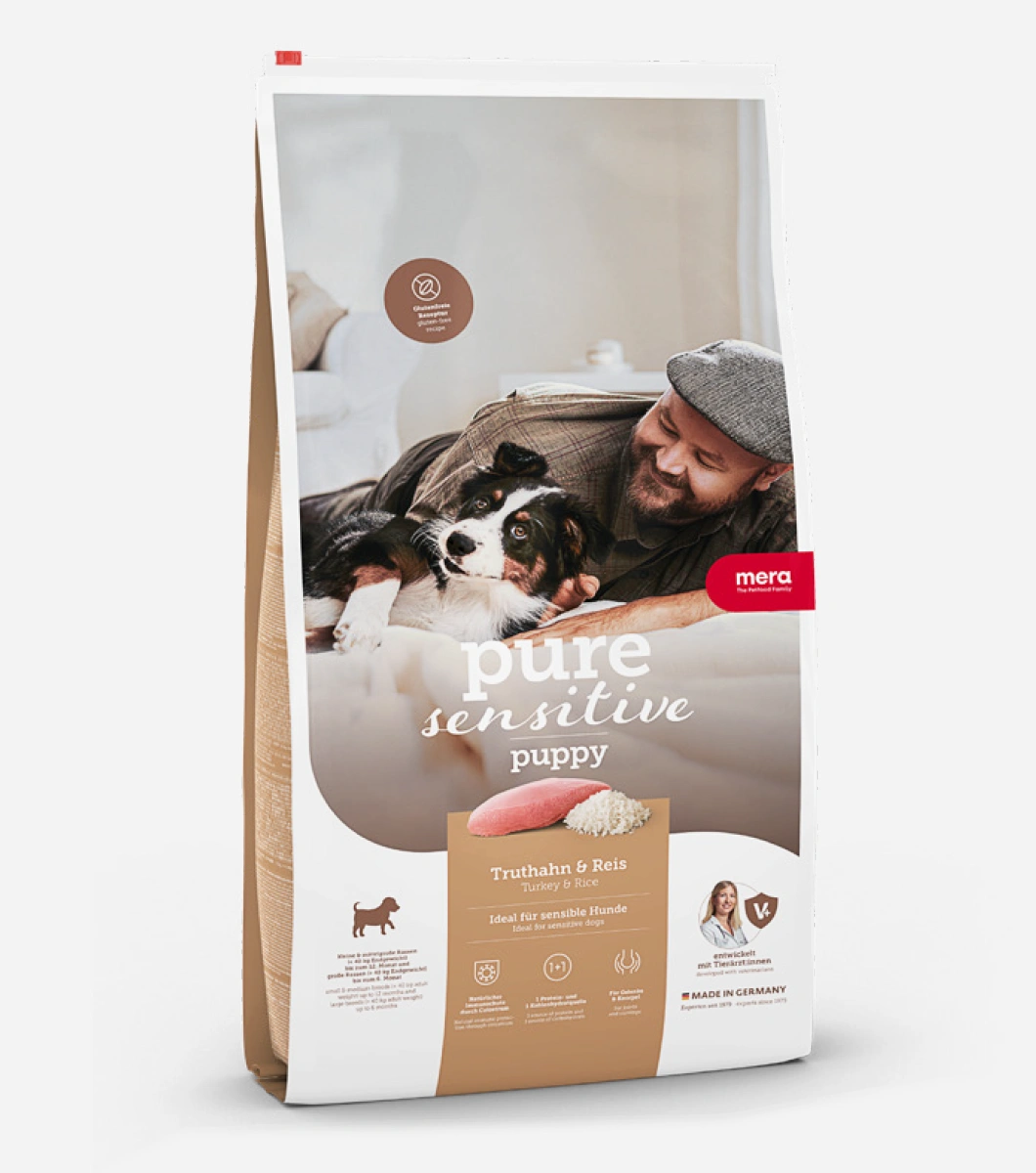Mera Pure Sensitive – Puppy Turkey & Rice Dog Food for Puppies & Mother Dogs Mera Pure Sensitive Puppy Turkey & Rice feeding instructions for puppies and mother dogs