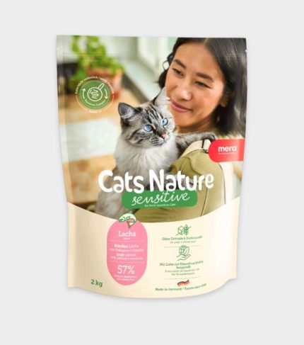 Mera Cats Nature Adult Sensitive Salmon dry cat food – grain-free, high-quality protein, supports digestion and hairball control, made in Germany